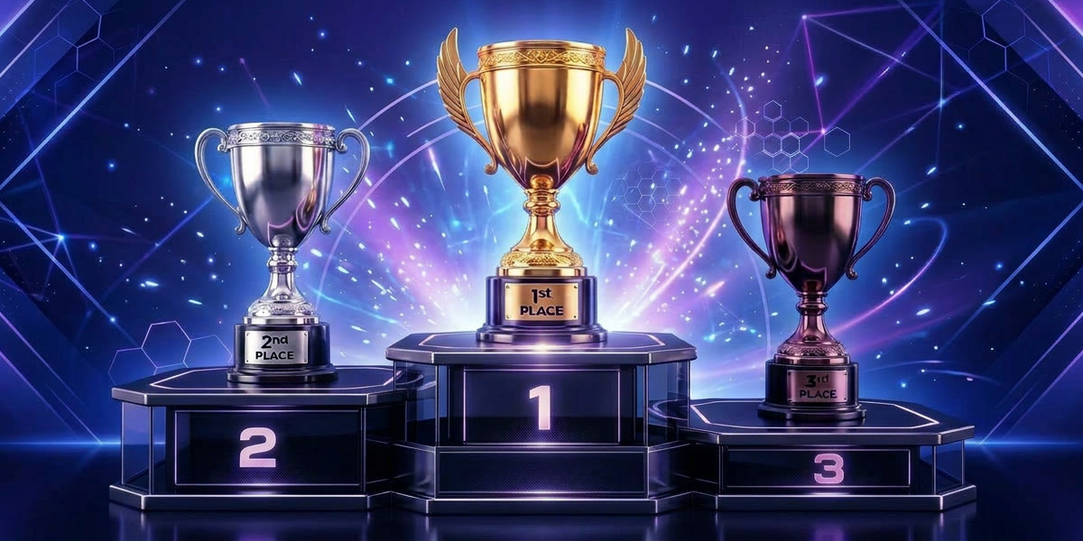 Gold, silver and bronze trophies on a winner's podium